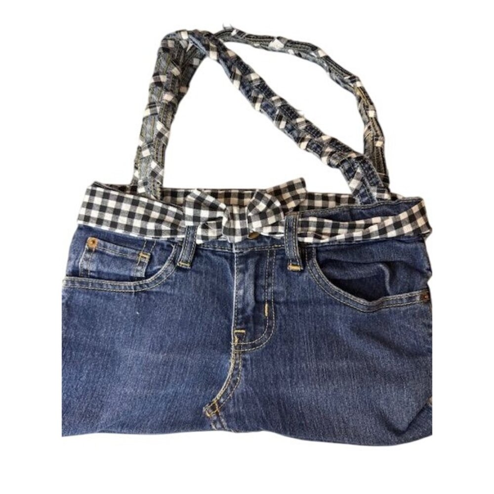 Homemade Denim & Gingham Tote Bag With Heart Pocket Stitching